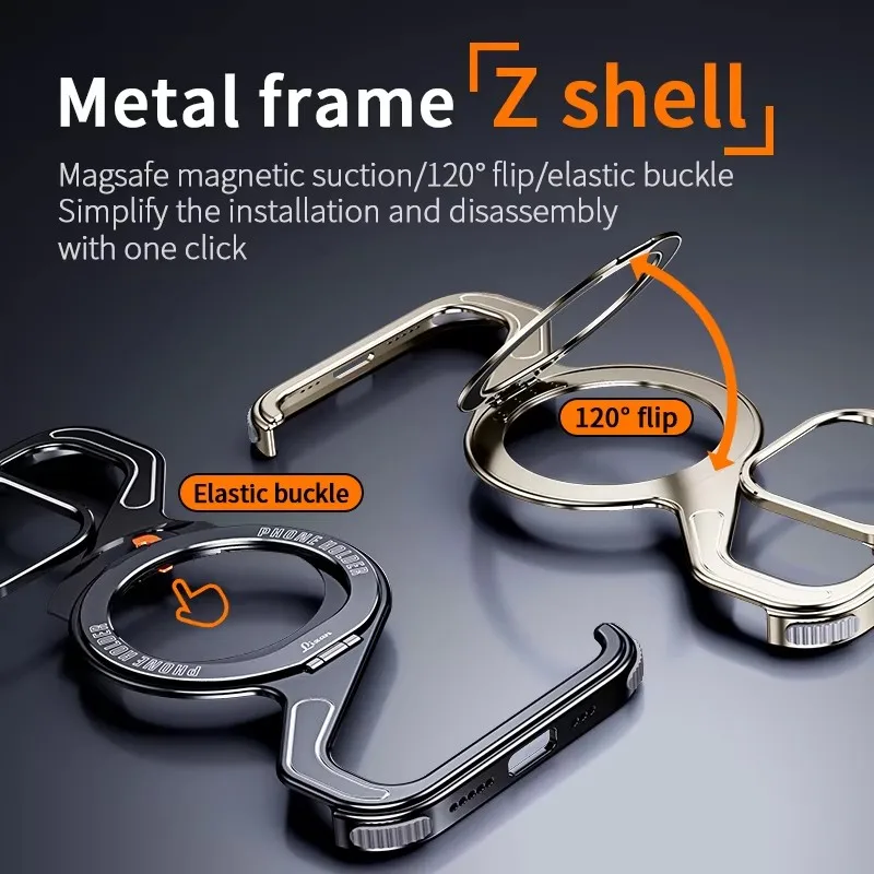 Z Shape Metal Frame MagSafe Phone Case For iPhone 16 15 14 13 Pro Max 16Plus Aluminum Frameless Magnetic Holder Shockproof Cover — view 2