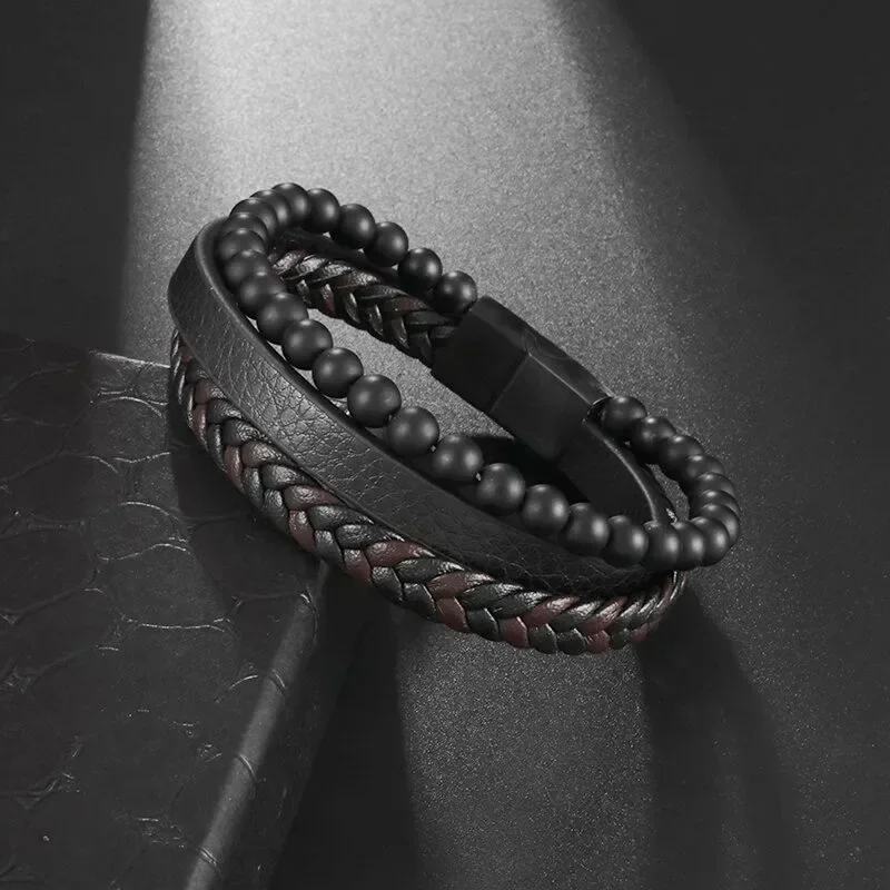 Vintage Punk Hand Woven Three Layer Leather Black Beaded Bracelet Magnetic Bracelet Clasp Men\'s Charm Business Event Jewelry 3