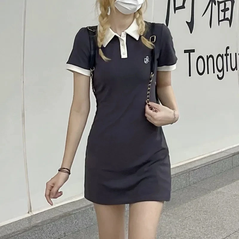 

Y2K Polo Dresses For Women 2023 Summer Contrast Color One Pieces Korea Student Short Sleeve Mini Skirt Slim Sheath Tight Dress