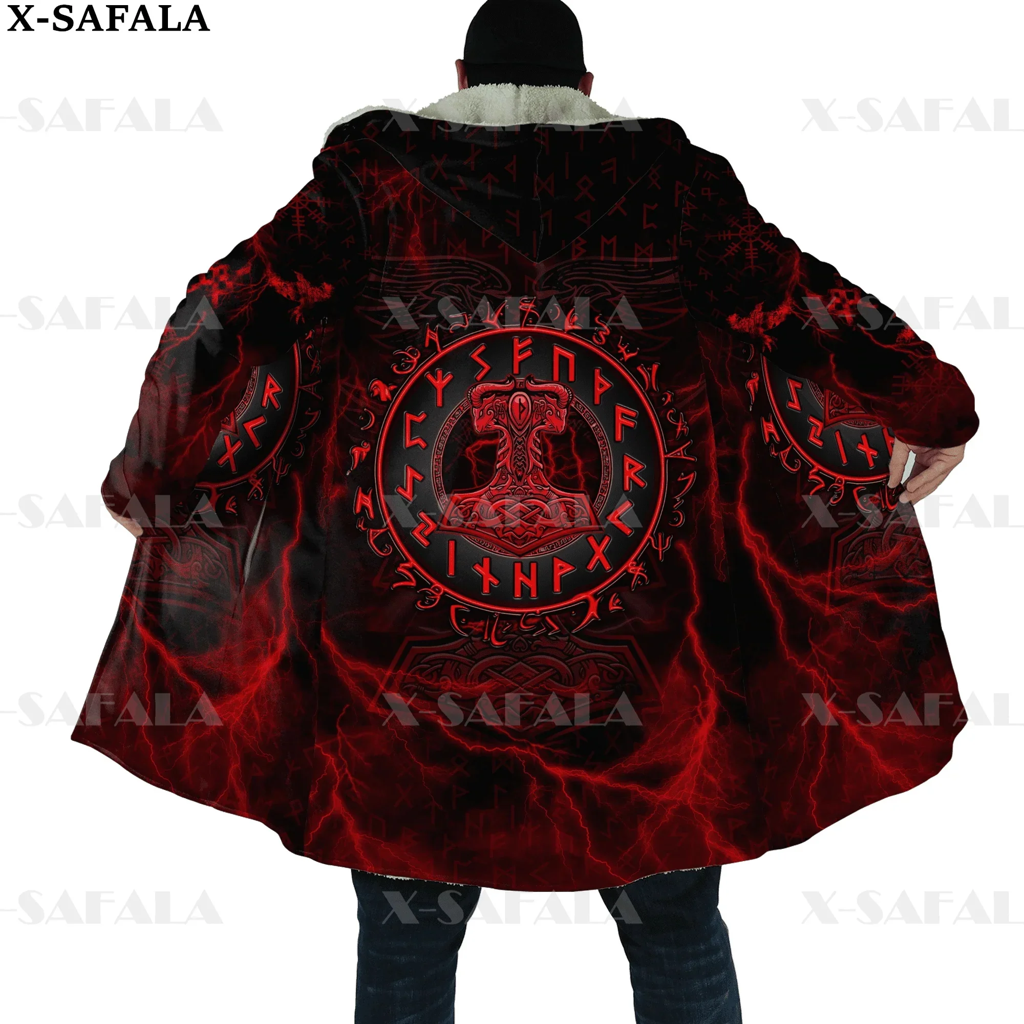 Viking Odin Tattoo Vegvisir Rune Raven Thick Warm Hooded Cloak Men Overcoat Coat Windproof Fleece Cape Robe Hooded Blanket-3