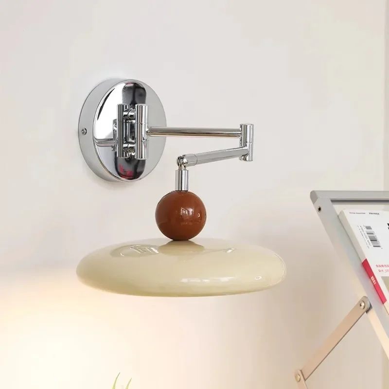 Cream wind Folding Rocker Arm Wall Lamp LED Movable Bedside Lamp Modern Living Room Bedroom Wall Light Retractable Reading Light