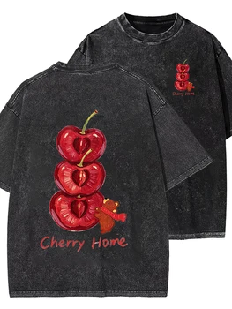 Cherry Graphic Washed T Shirt Women Vintage Fruit Print Tee Casual Short Sleeve Summer Harajuku Streetwear Unisex Tops