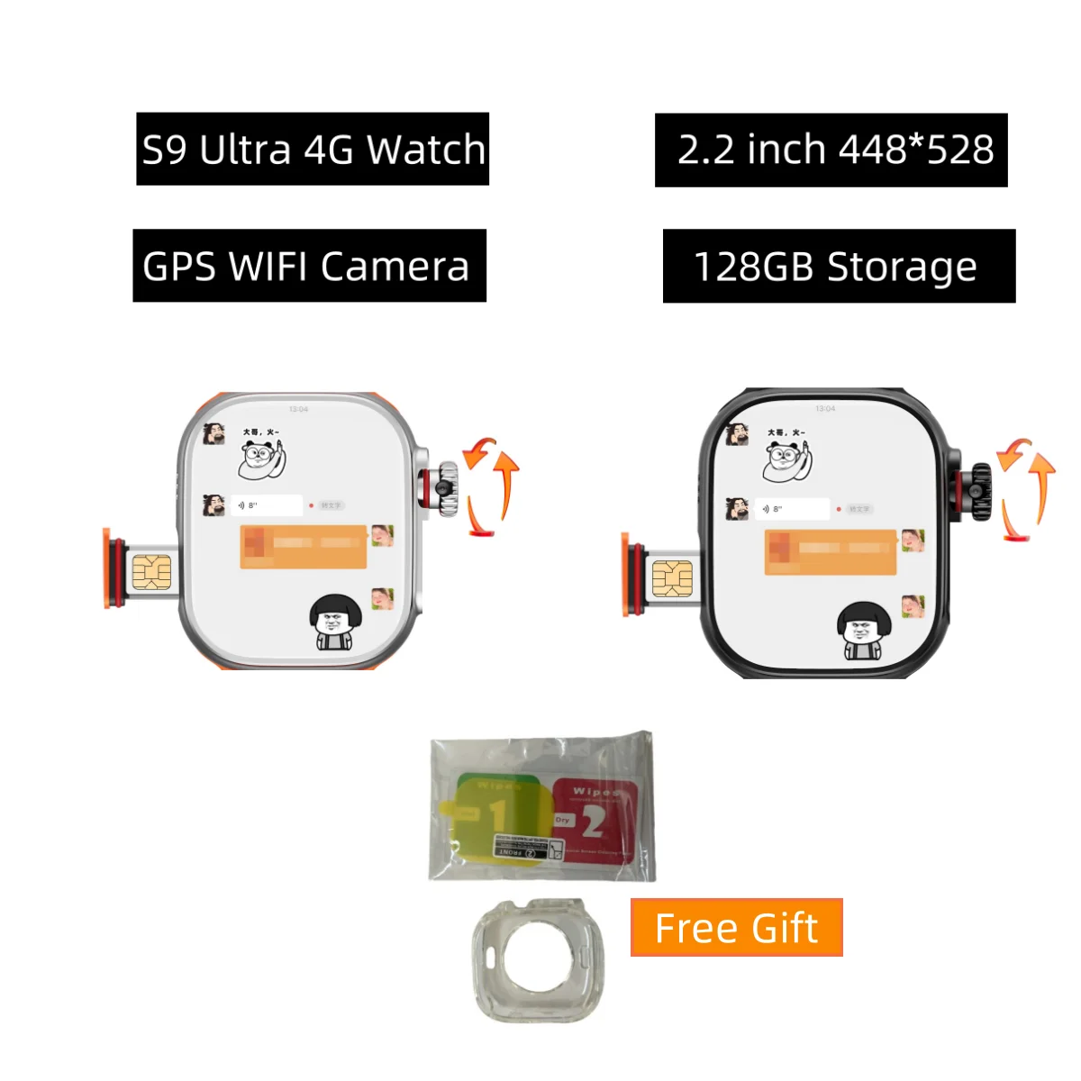 남녀공용 스마트 워치, 4G 시계, CDS9, S9, 49mm SIM 카드, 와이파이 네트워크, GPS 나침반 앱 다운로드 카메라, 128GB 저장 스마트 워치
