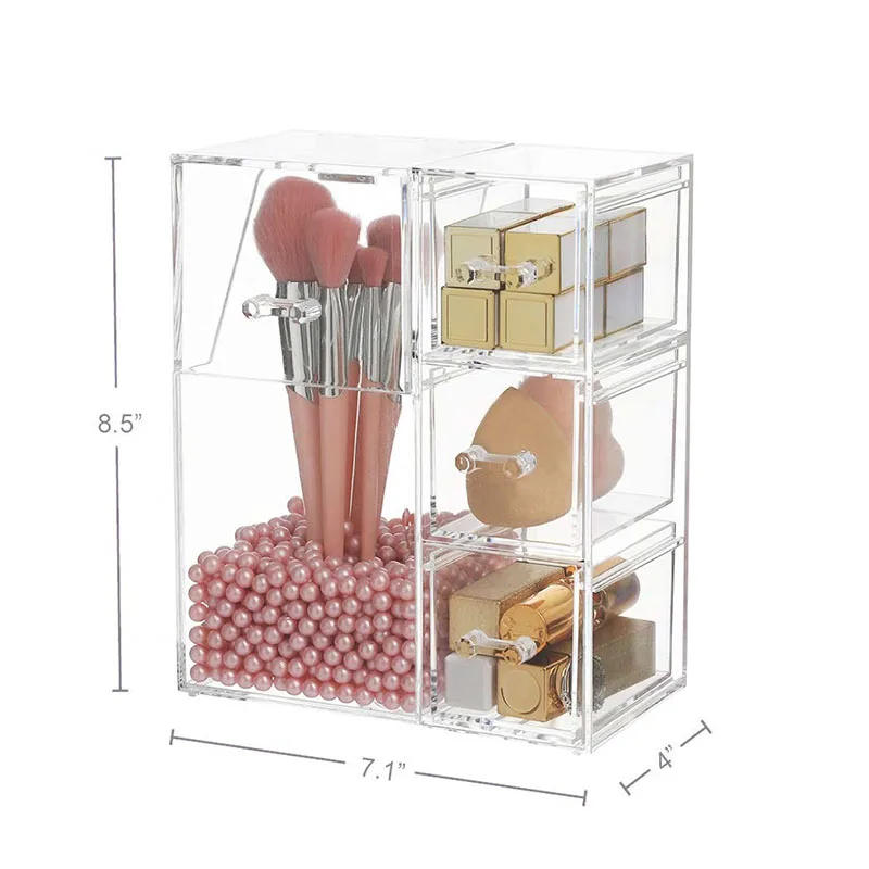 Clear Makeup Brush Organizer, Storage Rack with Drawers, Storage Box with Lid and Pearls for Storing Makeup Tools and Jewelry 5