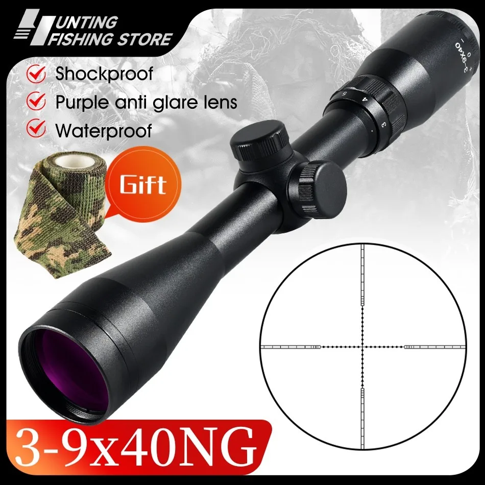 Rifle Scope Tactical Magnifier Scope 3-9x40NG Purple Lens Anti Glare Tactical Rifle Scope HD Telescope Fits Long Range Shooting 11/20mm Rail Hunting Firearms Airsoft