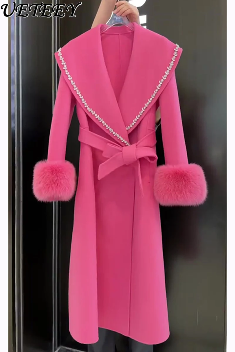 

Новинка зимы 2023, шерстяное пальто в стиле Хепберн, высококачественные супер красивые корейские длинные двусторонние кашемировые пальто розово-красного цвета, Женский Тренч