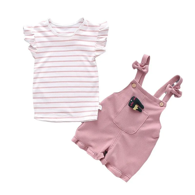 2025 여름 소녀 한국 스타일 스트라이프 코튼 투피스 복장 세트 반팔 티셔츠 +..