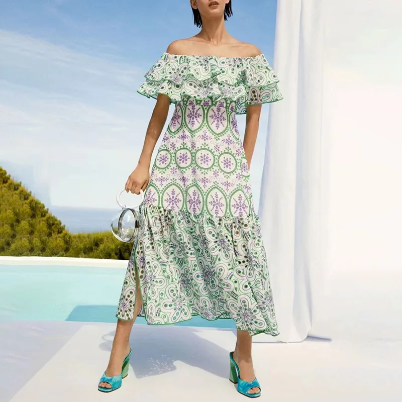 

Luxury High-end Elegant Dress 2023 Summer New Women's Ruffle Hollow Embroidery Printed Long Dress Front Split Dress