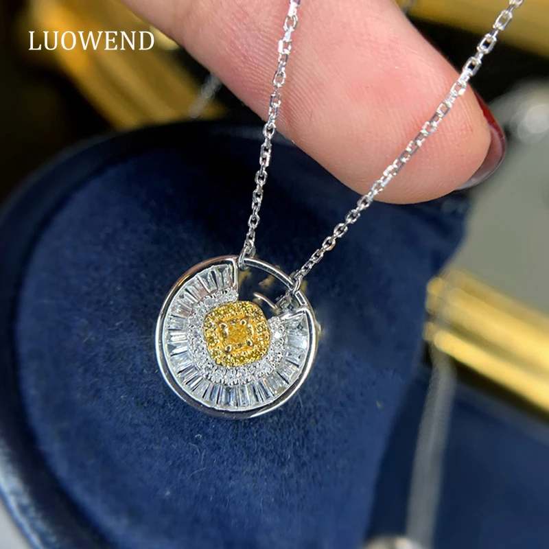 LUOWEND 18K Solid White Gold Necklace Real Yellow Diamond Pendant Necklace Fashion Shape Exquisite Fine for Women Birthday Gift