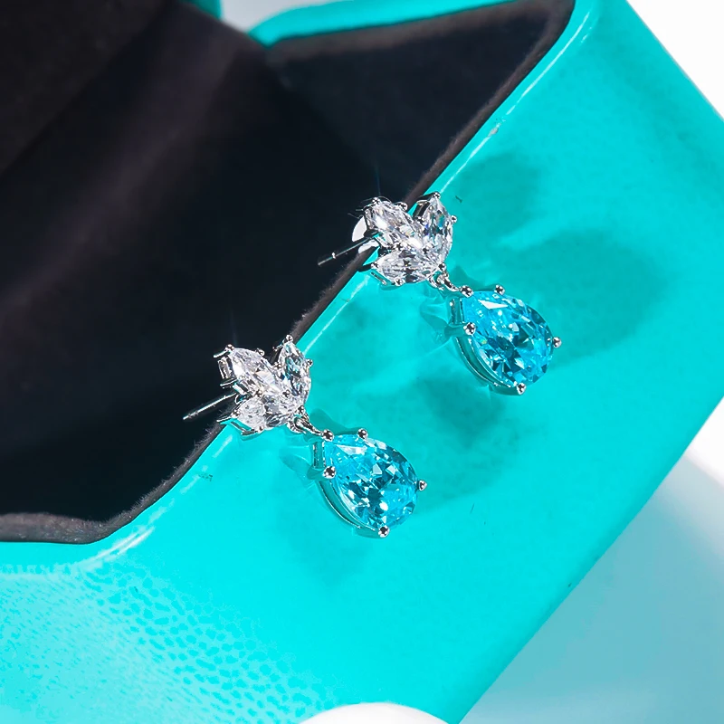 

QINHUAN Studs Earrings S925 Sterling Silver Pt950 Plated Water Drop Blue High Carbon Diamond Luxury Jewelry for Women Party Gift