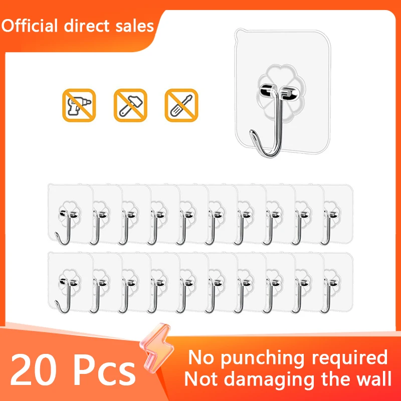 Self adhesive hooks 20 Pcs transparent stainless steel strong for bathroom towel clothes key pendant storage