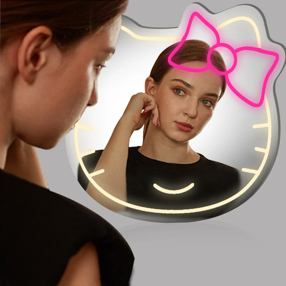 MCJSGSP Kit di specchi con luce a tema anime Hello (36 x 30 cm) con insegna al neon per spogliatoio, soggiorno, camera da letto, specchio acrilico con dimmerabile, regalo per ragazze adolescenti