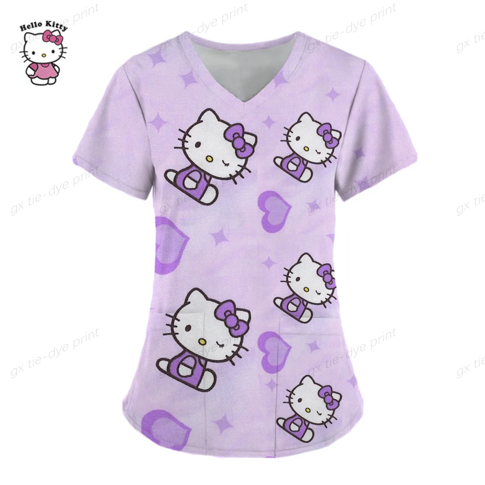 thumbnail image 1 of Uniforme de Hello Kitty para mujer, camisa de trabajo de enfermera con estampado de dibujos animados de Hello Kitty, bata con bolsillo, uniforme de enfermería para Navidad, 1 of 5