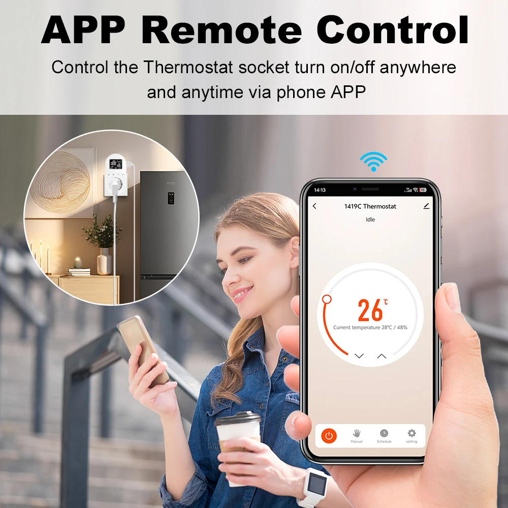 MANHOT Tuya 16A WiFi LCD Thermostat Wireless Electric Plug-in Thermostat Socket Temperature Controller Voice Control For Alexa