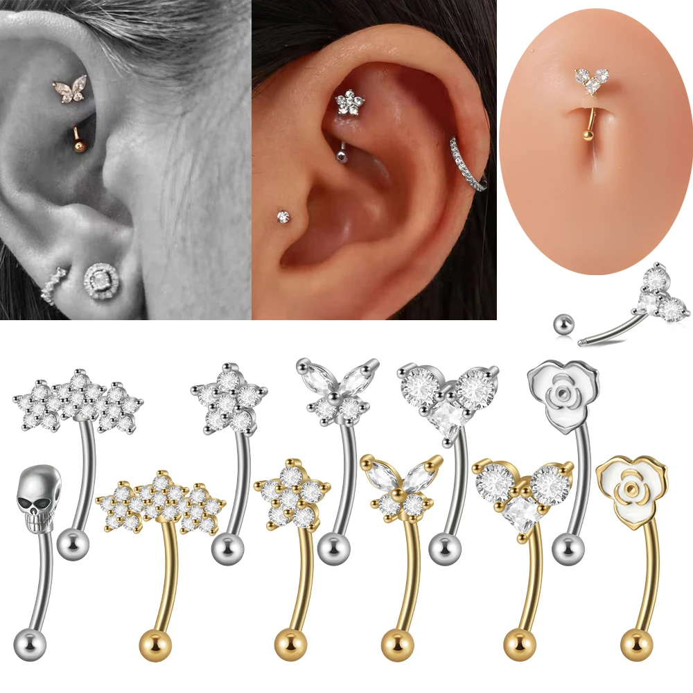 

1PC Surgical Steel Butterfly Skull Cz Belly Button Eyebrow Ring Curved Barbell Ear Cartilage Tragus Helix Body Piercing Jewelry