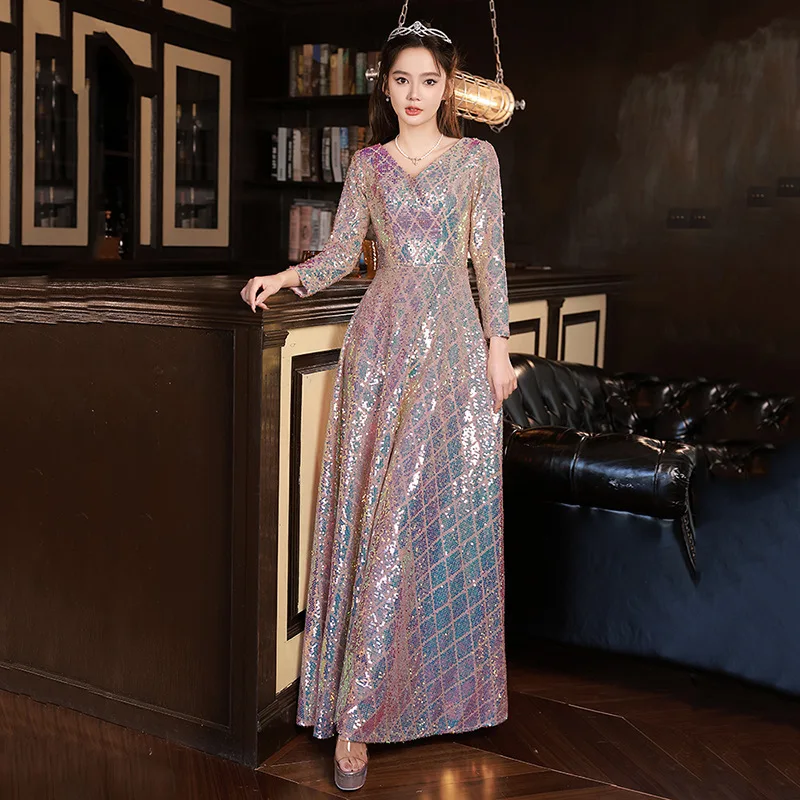 

Women Sequin Evening Dress V-neck Nine-quarter Sleeve A-line With Belt Cocktail Dress Elegant Exquisite Ankle-length Prom Gown