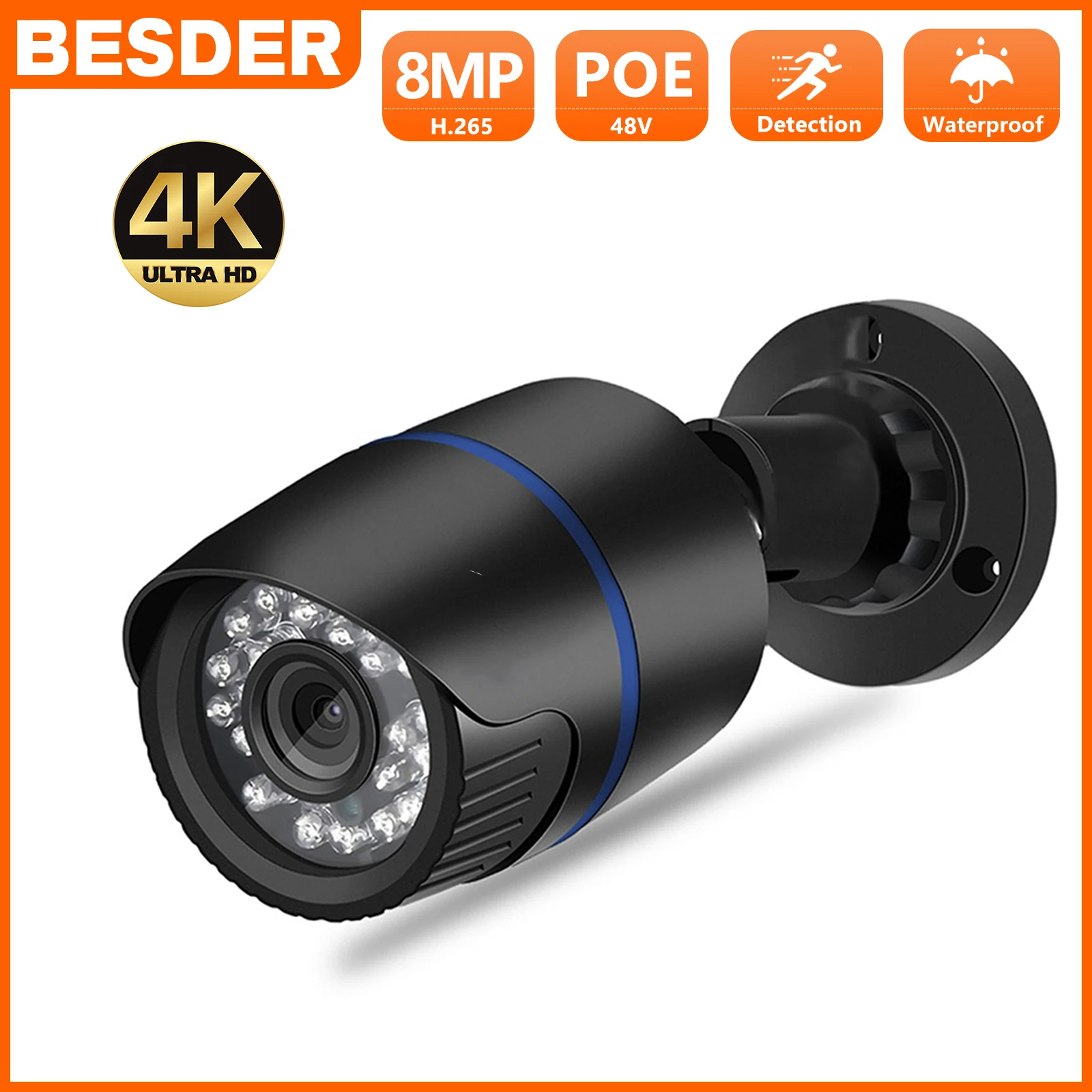 BESDER 8MP 4K IP Camera 2.8mm Wide Angle Camera Outdoor Security Camera Wired Cameras Bullet Camara CCTV Easy Remote View XMEye