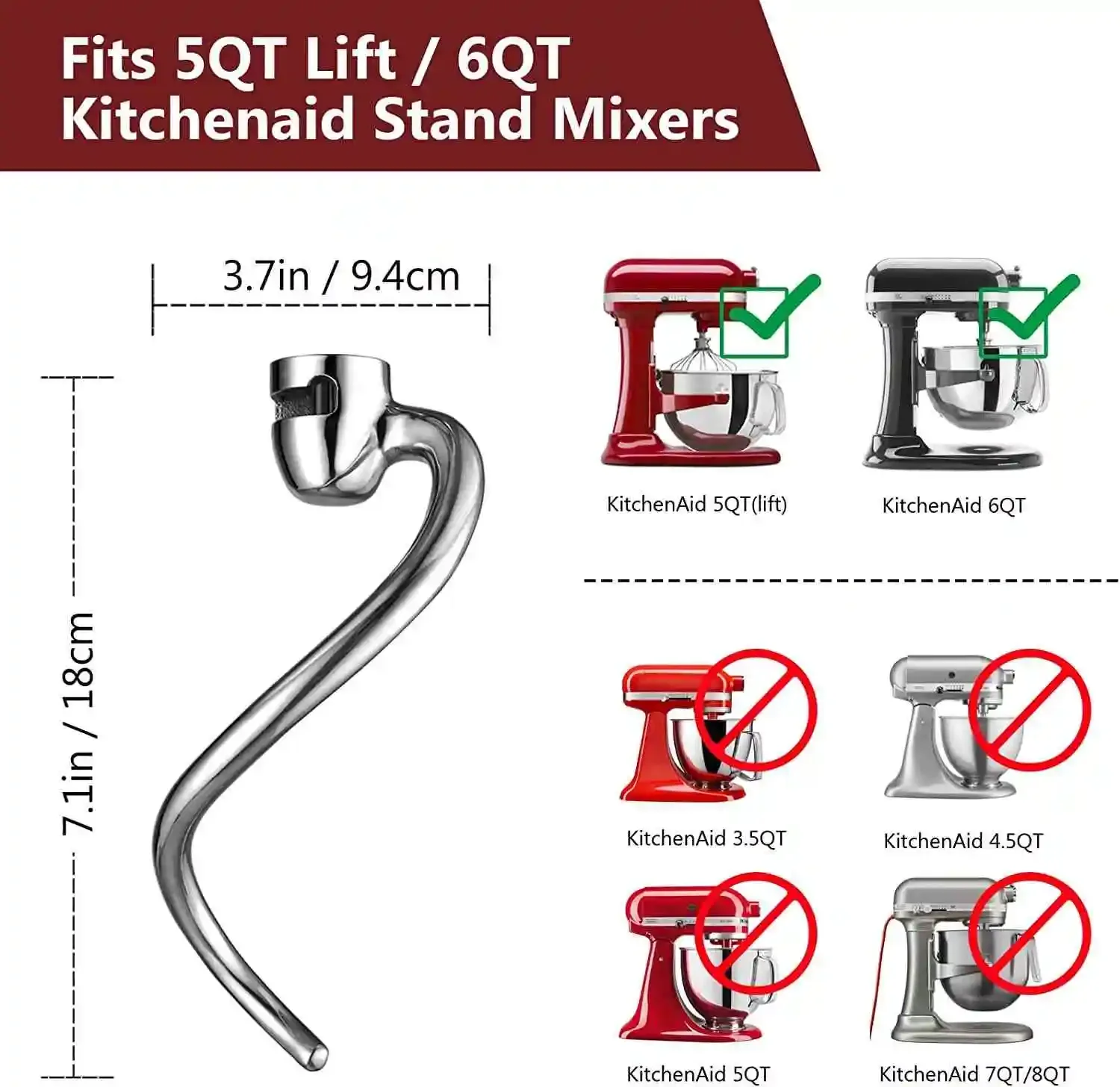For Kitchenaid 6 Quart Mixer Mixer Attachment Parts Accessories Stand Mixer Wire Whip Dough Hook Mixer Paddle