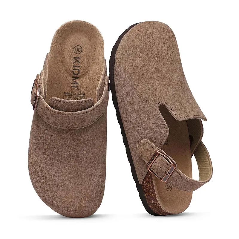Women's Suede Clogs with Adjustable Strap and Cork Footbed