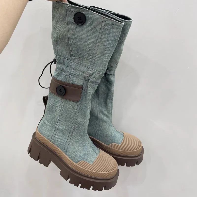 

Shell Head Washed Denim Motorcycle Boots 2023 New Worn-out Denim Button Fashion Martin Boots Slimming Roman Women's Shoes