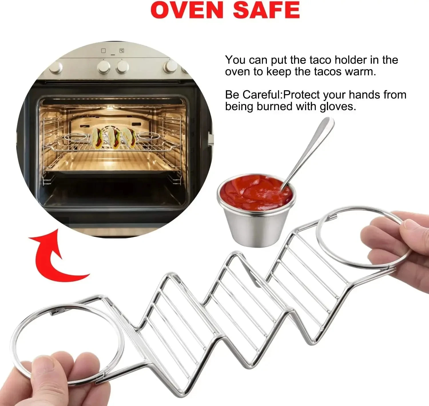 Stainless Steel Pancake RackTaco HolderPizza Display Stand,Spring Roll Food Rack,With Double-Sided Seasoning Cups for Restaurant