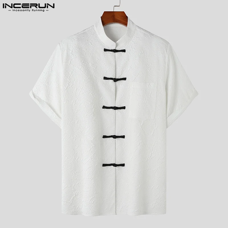 INCERUN Chinoiserie Tops 2023 New Men Embossed Printing Design Shirts Casual Well Fitting Stand Collar Short Sleeve Blouse S-5XL
