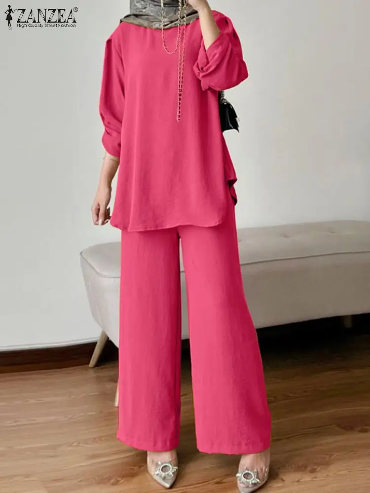 

Модный костюм, осенняя блузка ZANZEA, женские топы с длинным рукавом, однотонные свободные брюки, комплекты исламских нарядов, повседневные подходящие комплекты