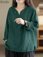Vintage Women Cotton Blouse Autumn V Neck Long Sleeve Tops 2025 ZANZEA Retro Solid Loose Shirt Female Work Tunic Blusas Mujer - Image 3