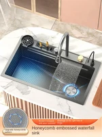 Modern Waterfall Kitchen Sink Embossed Honeycomb Stainless Steel Large Single Slot Vegetable Washing Basin Dishwashing Pool 1