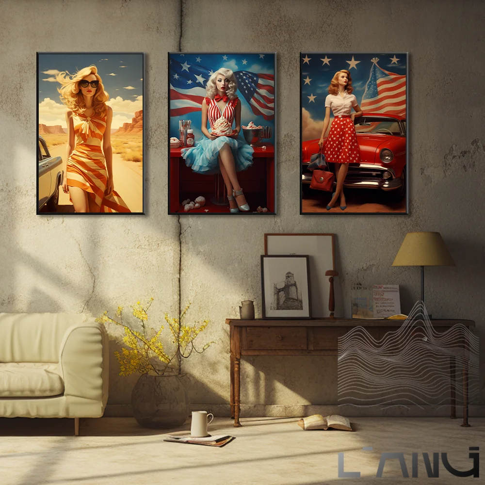 

American vintage classic car Beautiful sexy woman poster art canvas painting wall Living Room Dining Room Bedroom decoration
