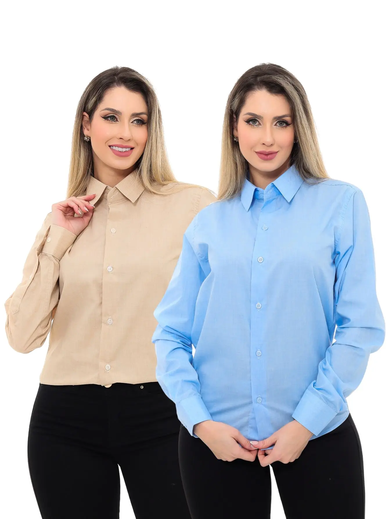 KIT Feminino 2 Peças - Camisa Social Premium Tipo Linho Bege e Azul Claro