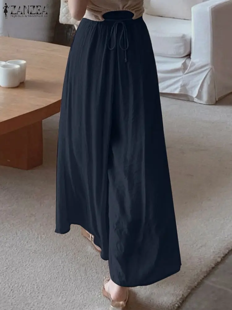 

Fashion Long Trousers ZANZEA Elegant Wide Leg Pant 2023 Autumn Women Casual Loose Pleated Solid High Waist Elastic Pantalon