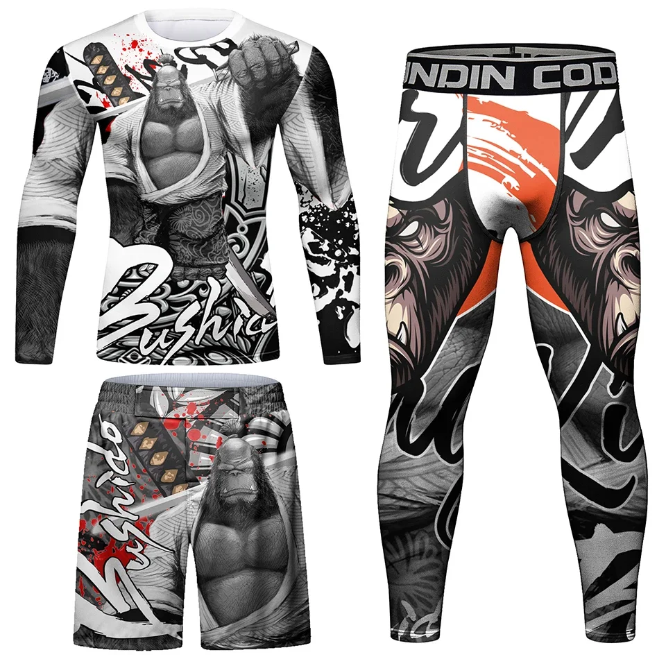 Men Rashguard Jiu Jitsu MMA T-shirt Pant 4/Pcs Sets Sport MMA Shorts Compression Boxing Jerseys Bjj Rash Guard Clothing Suits sports apparel