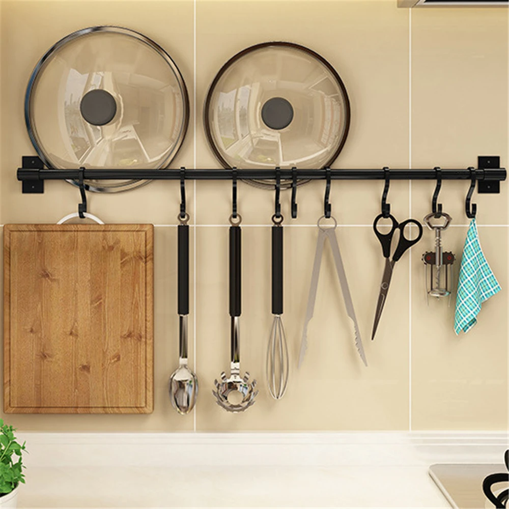 

Punch-free Kitchen Hook Wall Hanger for Knife Spoon Pot Lid Holder Cooking Utensil Rack with Sliding Hooks Black Hanging Rod