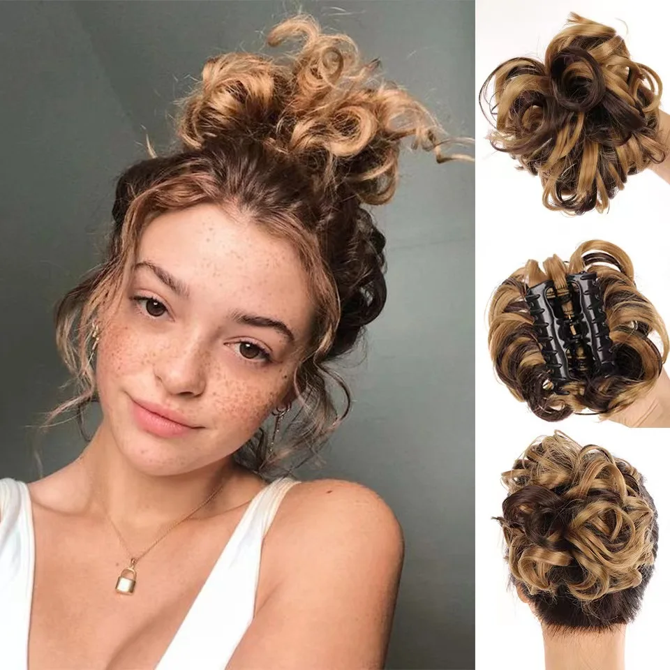 Synthetic Chignon Messy Bun Claw Clip in Hair Piece Wavy Curly Hair Bun Ponytail Extensions Scrunchie Hairpieces for Women