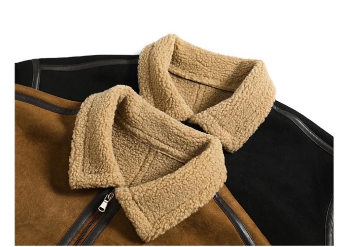 Autumn Winter Thick Suede Leather Fleece Jacket Men Windproof High Quality Warm Outwear Turn-Down Collar Patchwork Casual Coat