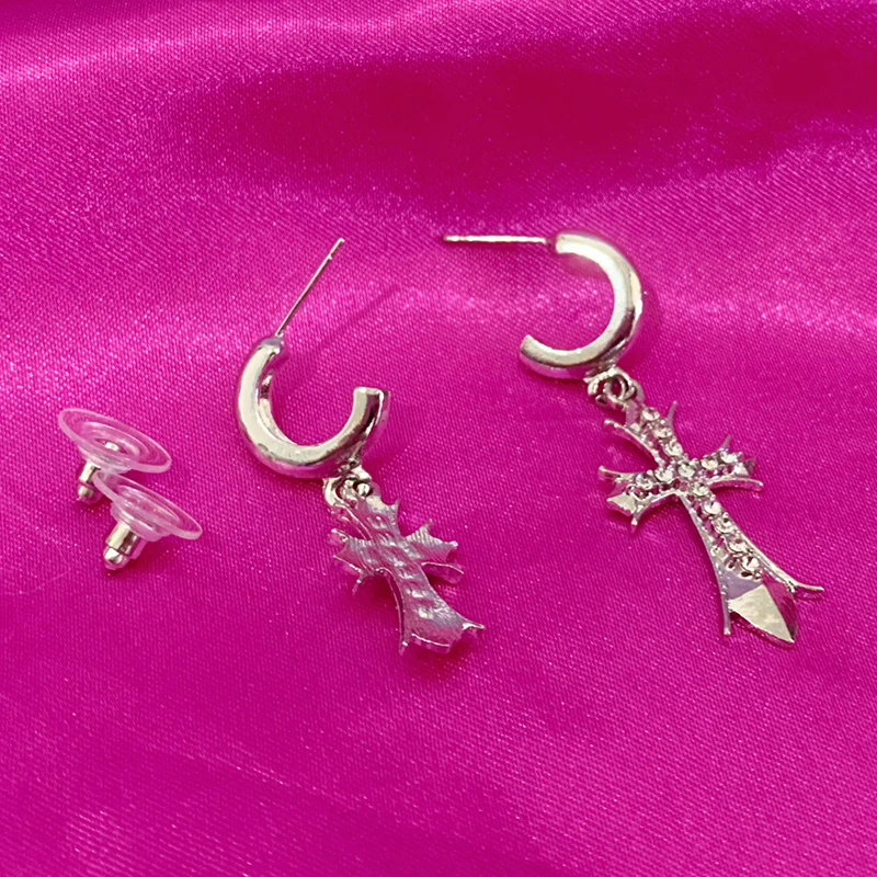 Grunge Rock Punk Shiny Crystal Cross Stud Earrings Cool