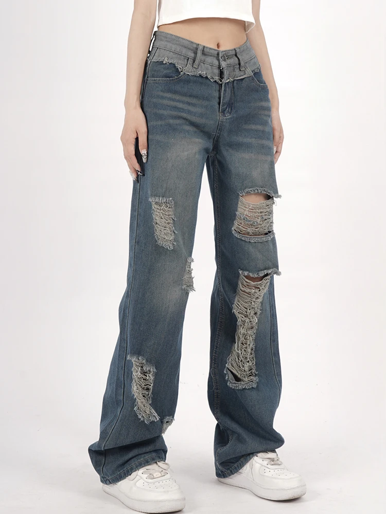 Streetwear Straight Pants Ripped Jeans Mid Waist Loose Wide Leg Holes Hollow Out Pants Women Jeans Y2K Summer Patchwork Trousers