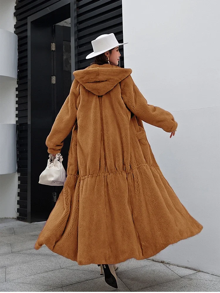 Winter Long Fur Jacket Hooded Fur Coat Oversized Thickened Warm Sheepskin Coat for Women Plush Jacket Faux Fur Coat Solid Loose