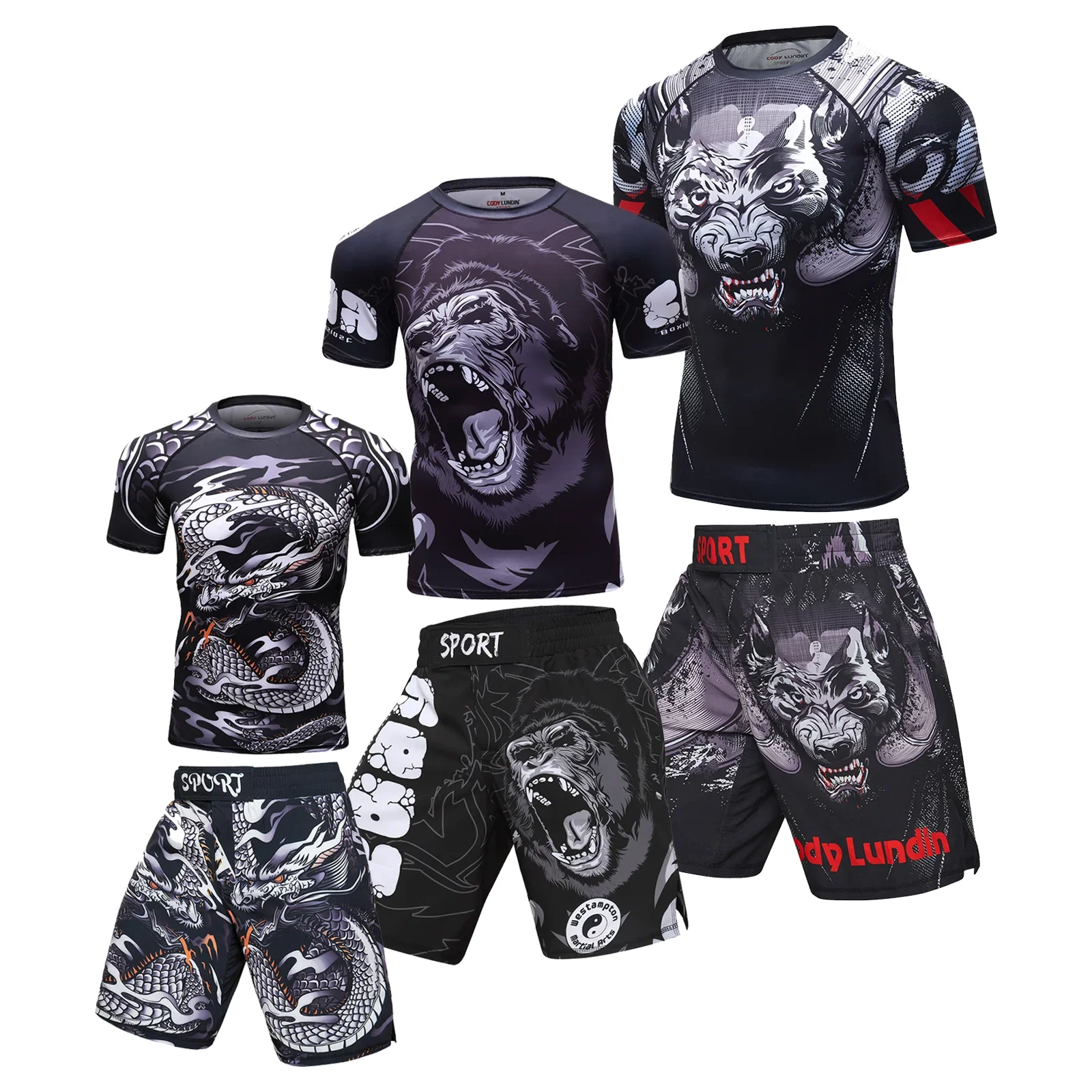 Boxing 2pcs/set MMA Rashguard jiu jitsu Hombre T-shirt+Shorts Sport Kickboxing Rash Guard Jerseys Bjj Kimono jiujitsu Clothing