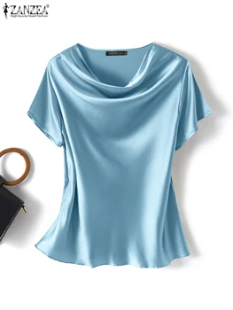 Women Summer Blouses ZANZEA 2024 Fashion Satin Tops Short Sleeve Blusas Female O Neck Casual Home Wear Tunic Chemise Oversized 1