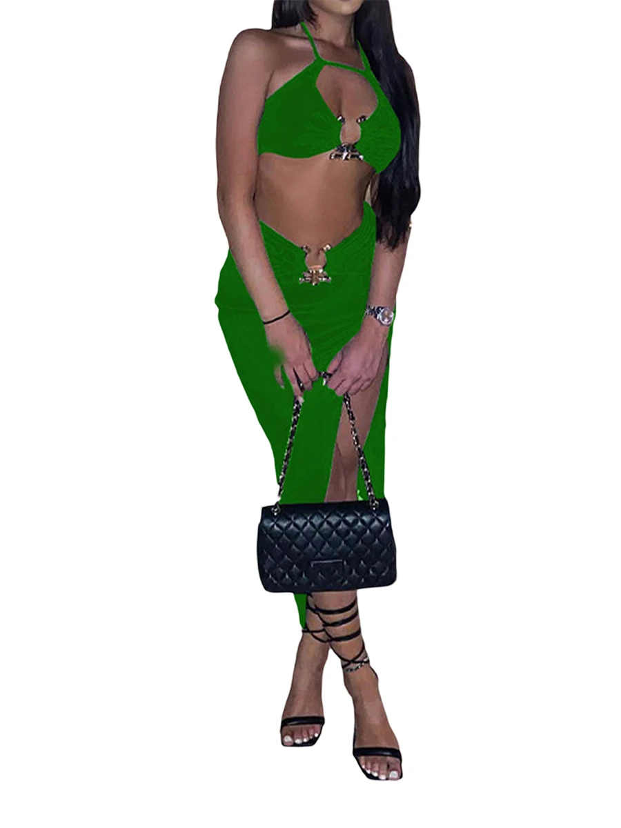 

Women’s 2 Piece Summer Outfits Fashion Sleeveless Halter Crop Tops High Split Skirt Set Clubwear