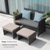 Outdoor Loveseat Patio Furniture Rattan Conversation Set with Ottoman, White Cushions, Grey Wicker, Pillows Included 3