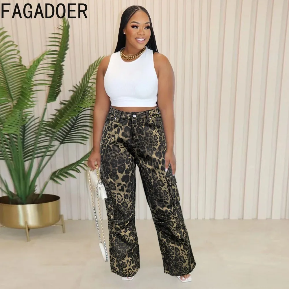 FAGADOER Fashion Leopard Print Denim Cargo Straight Pants Women High Waisted Button Pocket Trousers Female Matching Cowboy Jean