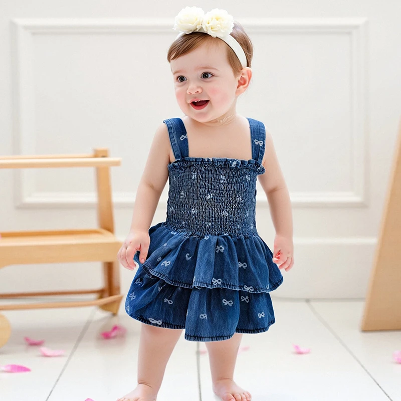 FOCUSNORM 0-18M Schöne Baby Mädchen Sommer Strampler Kleid Ärmellose Bogen Druck Süße Denim Tiered Cami Overalls – Detail 5