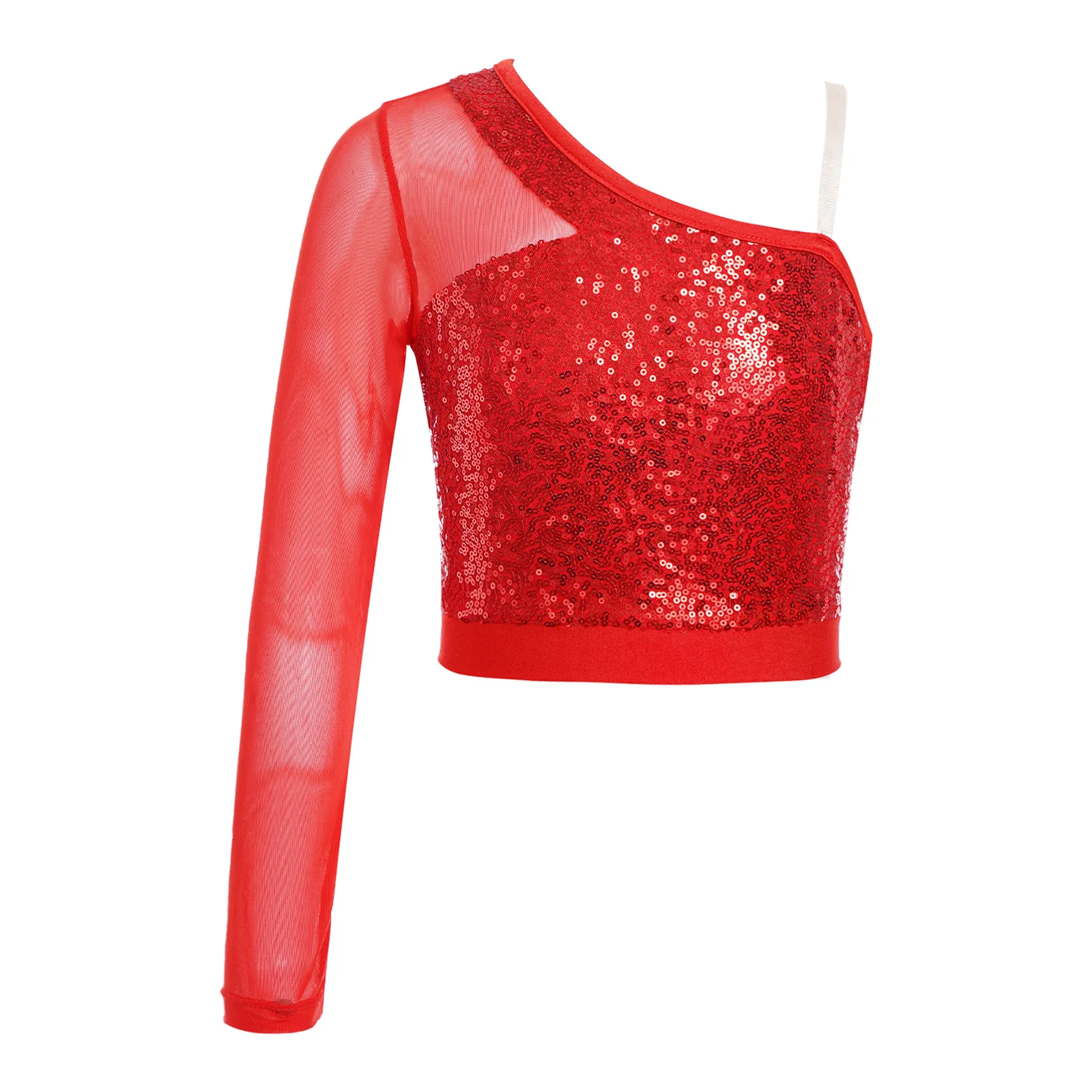 

Hot Kids Girls Sparkly Sequins Top Dance Stage Performance Costumes Sheer Mesh Long Sleeve One Shoulder Side Zipper Crop Tops