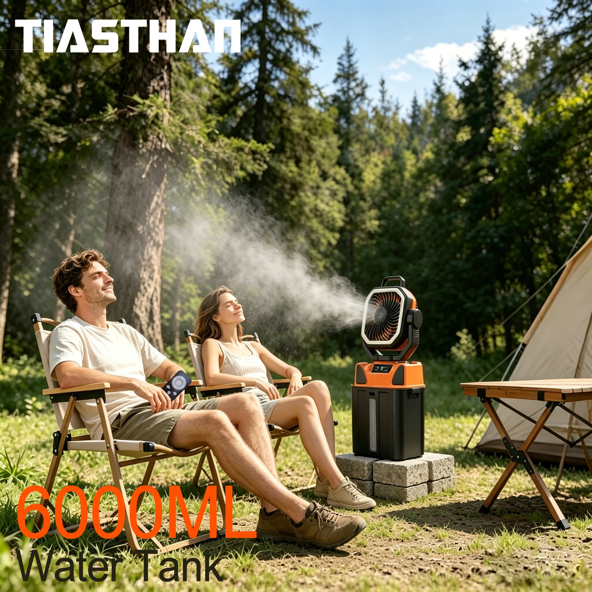 Ventilateur de camping à pulvérisation 30000mAh avec télécommande et autonomie maximale de 38 heures – Réservoir d'eau extérieur de 6L, ventilateur à pulvérisation à 4 buses pour la pêche 1