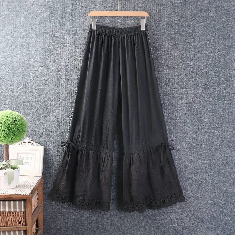 Summer Japan Style Mori Girl Embroidery Cotton and Linen Wide Leg Pants Women Elastic Waist Casual Loose Vintage Pants
