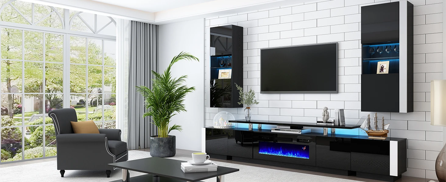 TV Stand with Fireplace and Bookshelves, 2-Tier Fireplace TV Stand, 2 X Wall Cabinets & 2 X End Tables, LED Lights TV Console