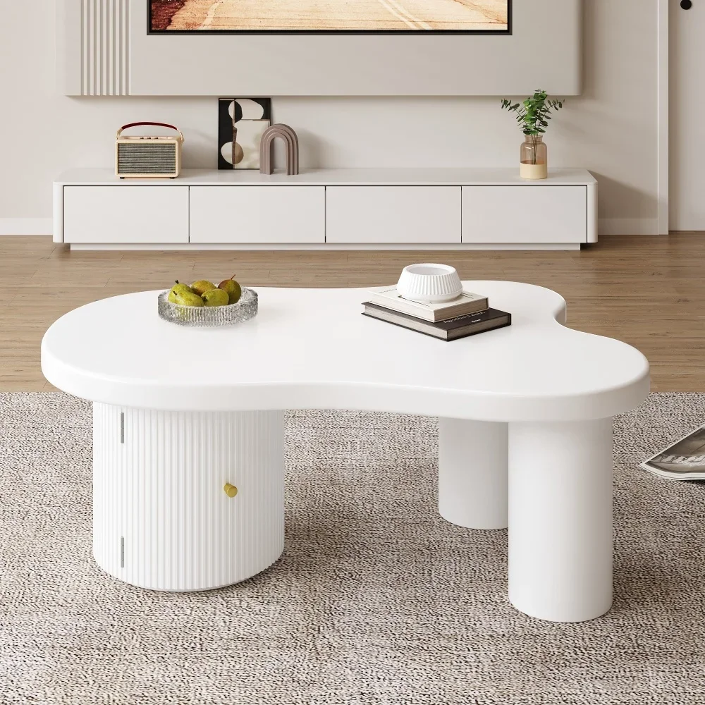 Moderner, weißer, unregelmäßig geformter Couchtisch mit 2 integrierten Schubladen – platzsparende und stilvolle, elegante Wohnmöbel für den täglichen Gebrauch – Detail 36